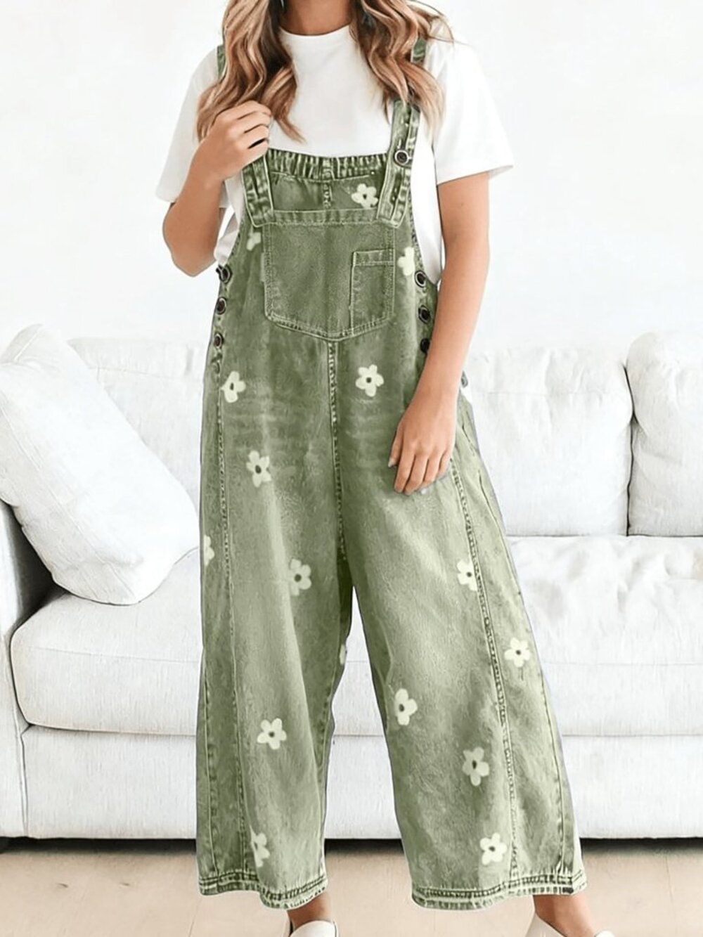 Mint Green Casual Women's Plants Button Loose Fit High Waist Long Denim Overall